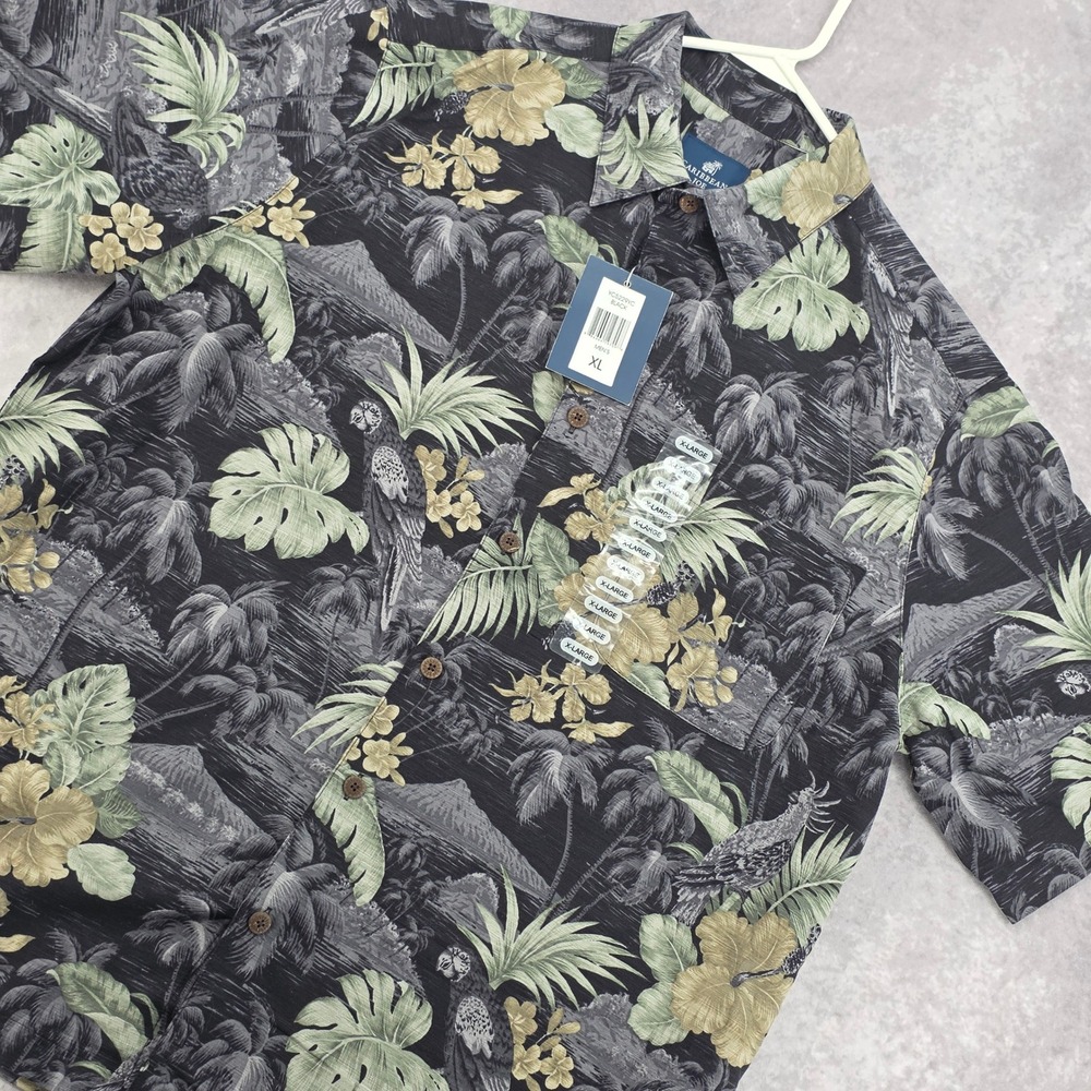 Caribbean Joe Hawaiian Shirt Mens XL Silk Black Tropical Parrot Floral Beach NWT